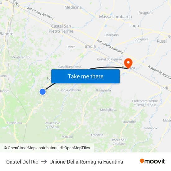 Castel Del Rio to Unione Della Romagna Faentina map