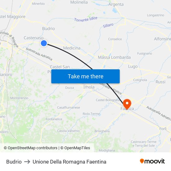 Budrio to Unione Della Romagna Faentina map