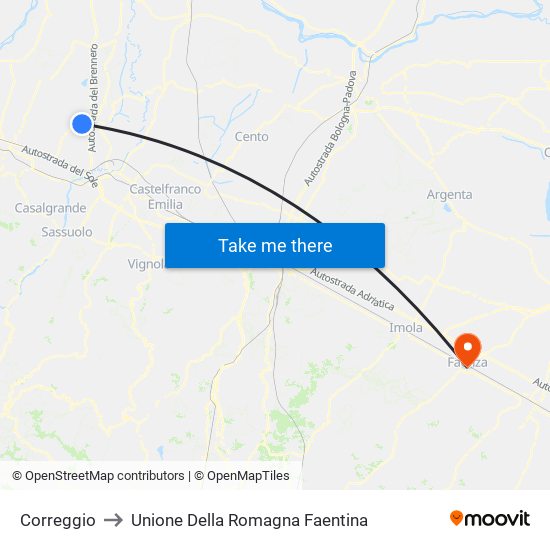 Correggio to Unione Della Romagna Faentina map