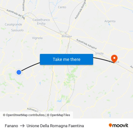 Fanano to Unione Della Romagna Faentina map