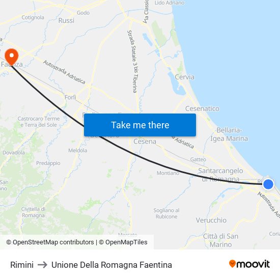 Rimini to Unione Della Romagna Faentina map