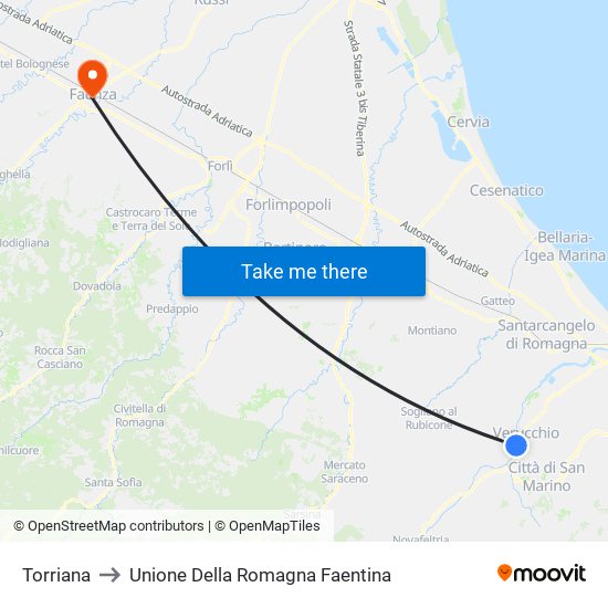 Torriana to Unione Della Romagna Faentina map