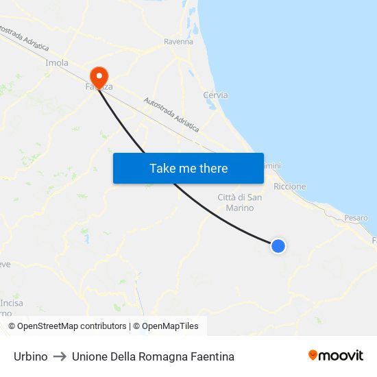 Urbino to Unione Della Romagna Faentina map