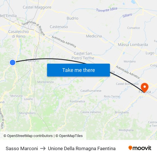 Sasso Marconi to Unione Della Romagna Faentina map