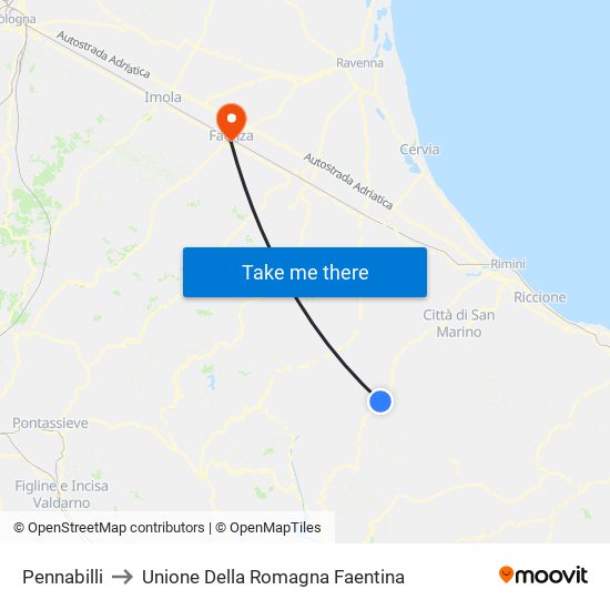 Pennabilli to Unione Della Romagna Faentina map