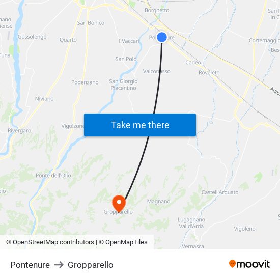 Pontenure to Gropparello map