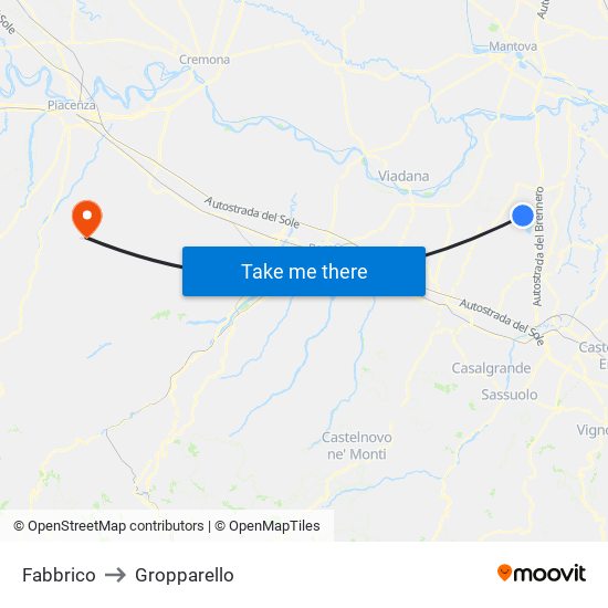 Fabbrico to Gropparello map