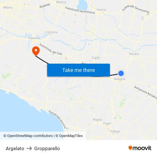 Argelato to Gropparello map