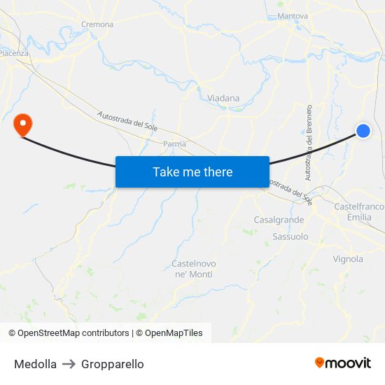 Medolla to Gropparello map