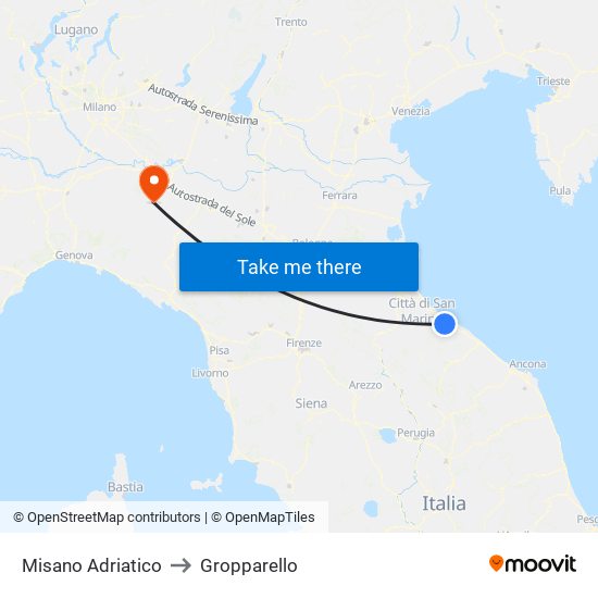 Misano Adriatico to Gropparello map