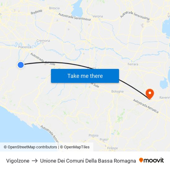 Vigolzone to Unione Dei Comuni Della Bassa Romagna map