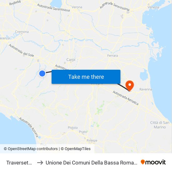 Traversetolo to Unione Dei Comuni Della Bassa Romagna map