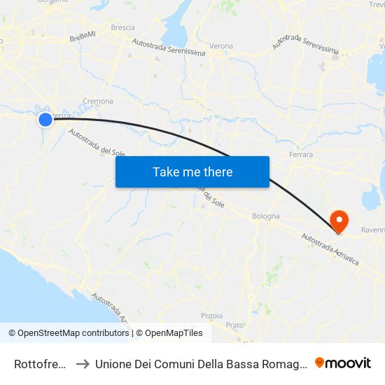 Rottofreno to Unione Dei Comuni Della Bassa Romagna map