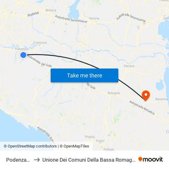 Podenzano to Unione Dei Comuni Della Bassa Romagna map