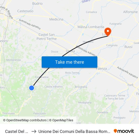 Castel Del Rio to Unione Dei Comuni Della Bassa Romagna map