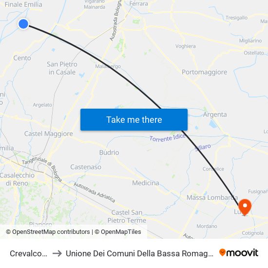 Crevalcore to Unione Dei Comuni Della Bassa Romagna map