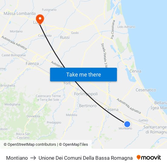 Montiano to Unione Dei Comuni Della Bassa Romagna map