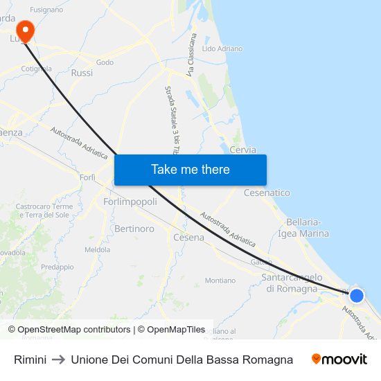 Rimini to Unione Dei Comuni Della Bassa Romagna map