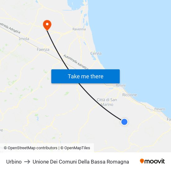 Urbino to Unione Dei Comuni Della Bassa Romagna map