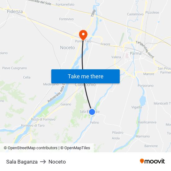 Sala Baganza to Noceto map