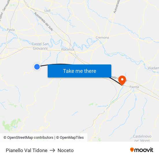 Pianello Val Tidone to Noceto map
