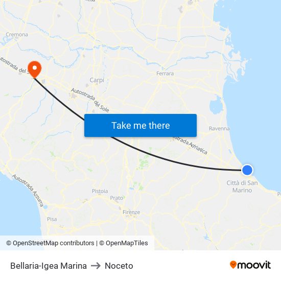 Bellaria-Igea Marina to Noceto map