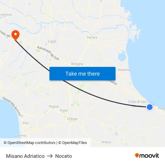 Misano Adriatico to Noceto map