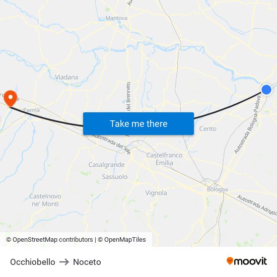 Occhiobello to Noceto map