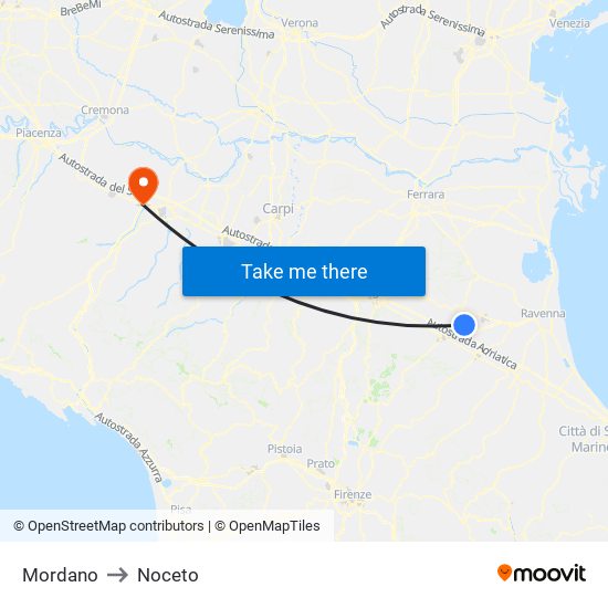Mordano to Noceto map