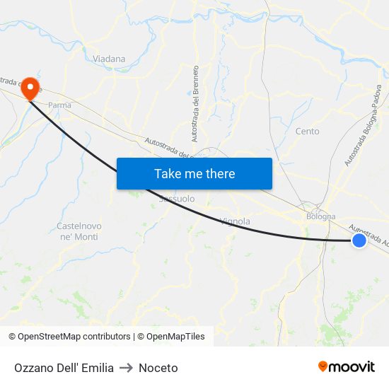 Ozzano Dell' Emilia to Noceto map