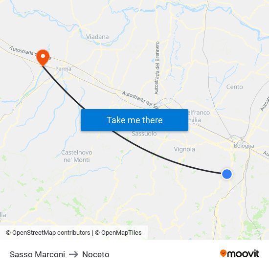 Sasso Marconi to Noceto map