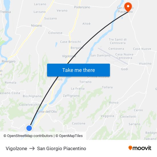 Vigolzone to San Giorgio Piacentino map