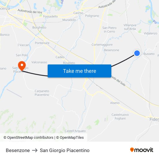 Besenzone to San Giorgio Piacentino map