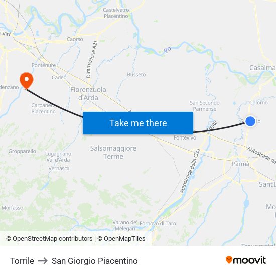 Torrile to San Giorgio Piacentino map