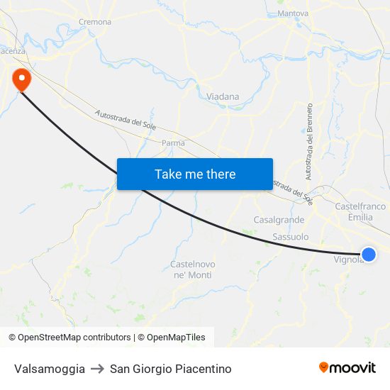 Valsamoggia to San Giorgio Piacentino map