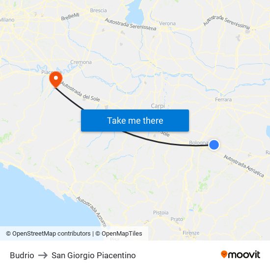 Budrio to San Giorgio Piacentino map