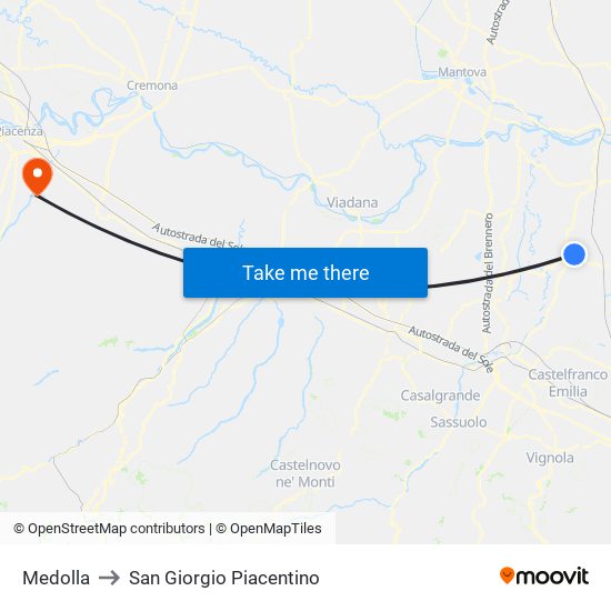Medolla to San Giorgio Piacentino map