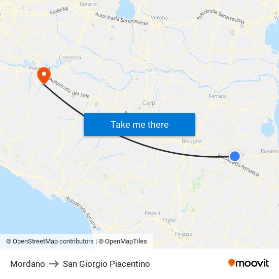 Mordano to San Giorgio Piacentino map