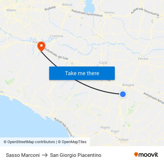 Sasso Marconi to San Giorgio Piacentino map