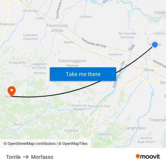 Torrile to Morfasso map