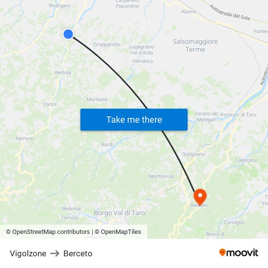 Vigolzone to Berceto map