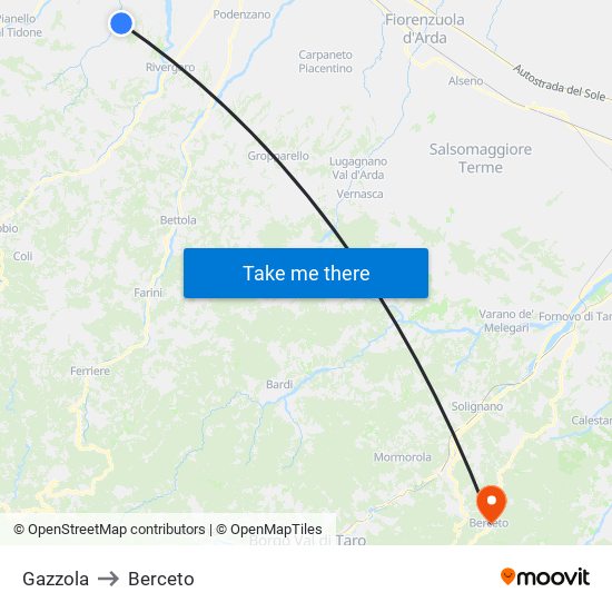 Gazzola to Berceto map