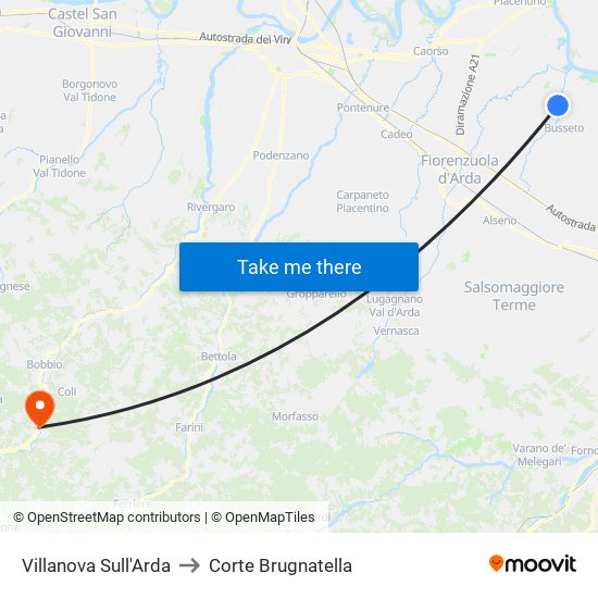 Villanova Sull'Arda to Corte Brugnatella map