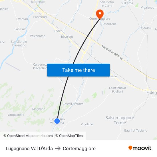 Lugagnano Val D'Arda to Cortemaggiore map