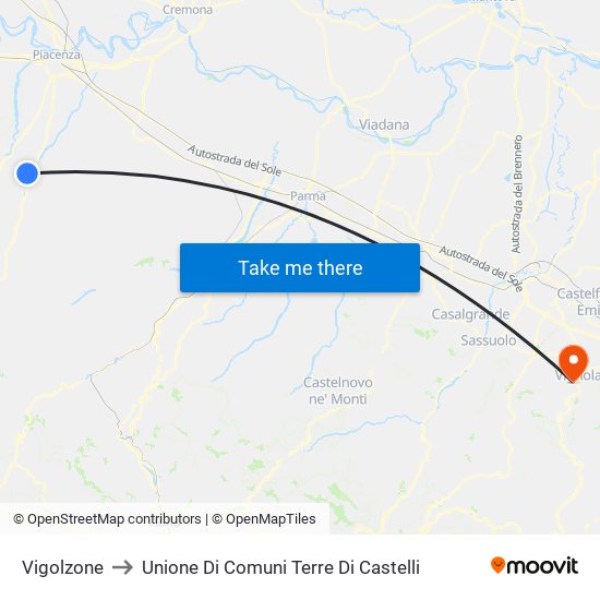 Vigolzone to Unione Di Comuni Terre Di Castelli map