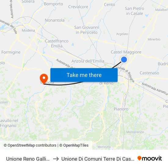 Unione Reno Galliera to Unione Di Comuni Terre Di Castelli map