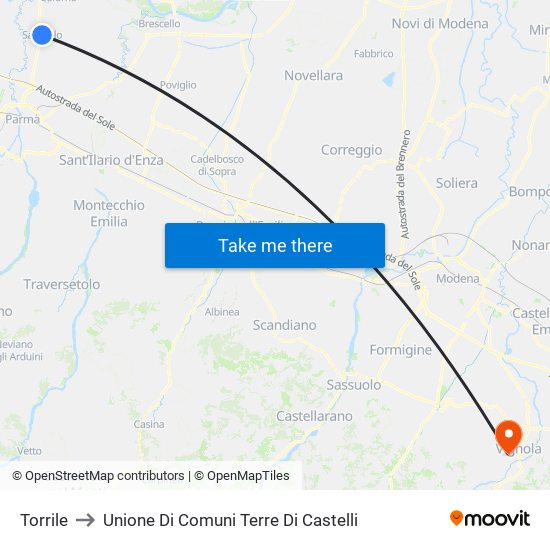 Torrile to Unione Di Comuni Terre Di Castelli map