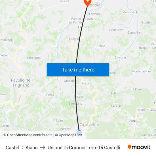 Castel D' Aiano to Unione Di Comuni Terre Di Castelli map