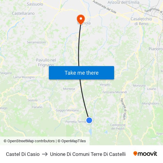 Castel Di Casio to Unione Di Comuni Terre Di Castelli map
