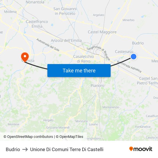 Budrio to Unione Di Comuni Terre Di Castelli map